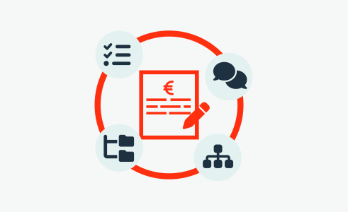 Icon zeigt ein Angebot in der Mitte und drumherum angeordnete Icons für Checklisten, Anfragen, Ablagen und Verknüpfungen