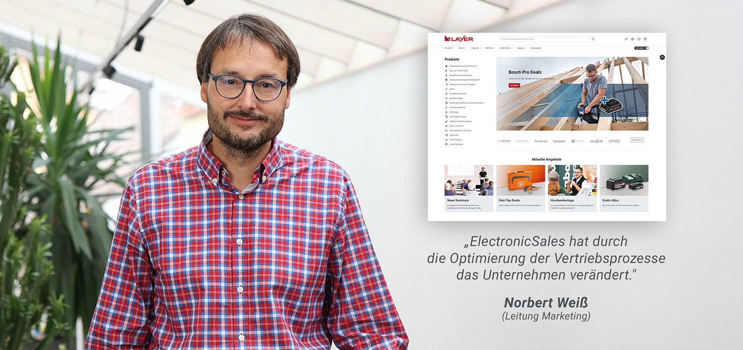 Marketingleiter Norbert Weiß neben einem Screenshot des Layer-Webshops und einem positiven Zitat über ElectronicSales