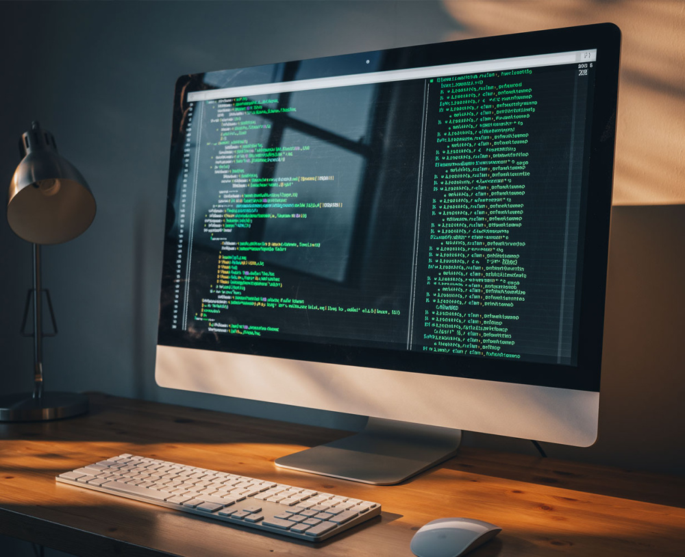 Monitor auf einem Schreibtisch zeigt detaillierten Programmcode in einer Entwicklungsumgebung